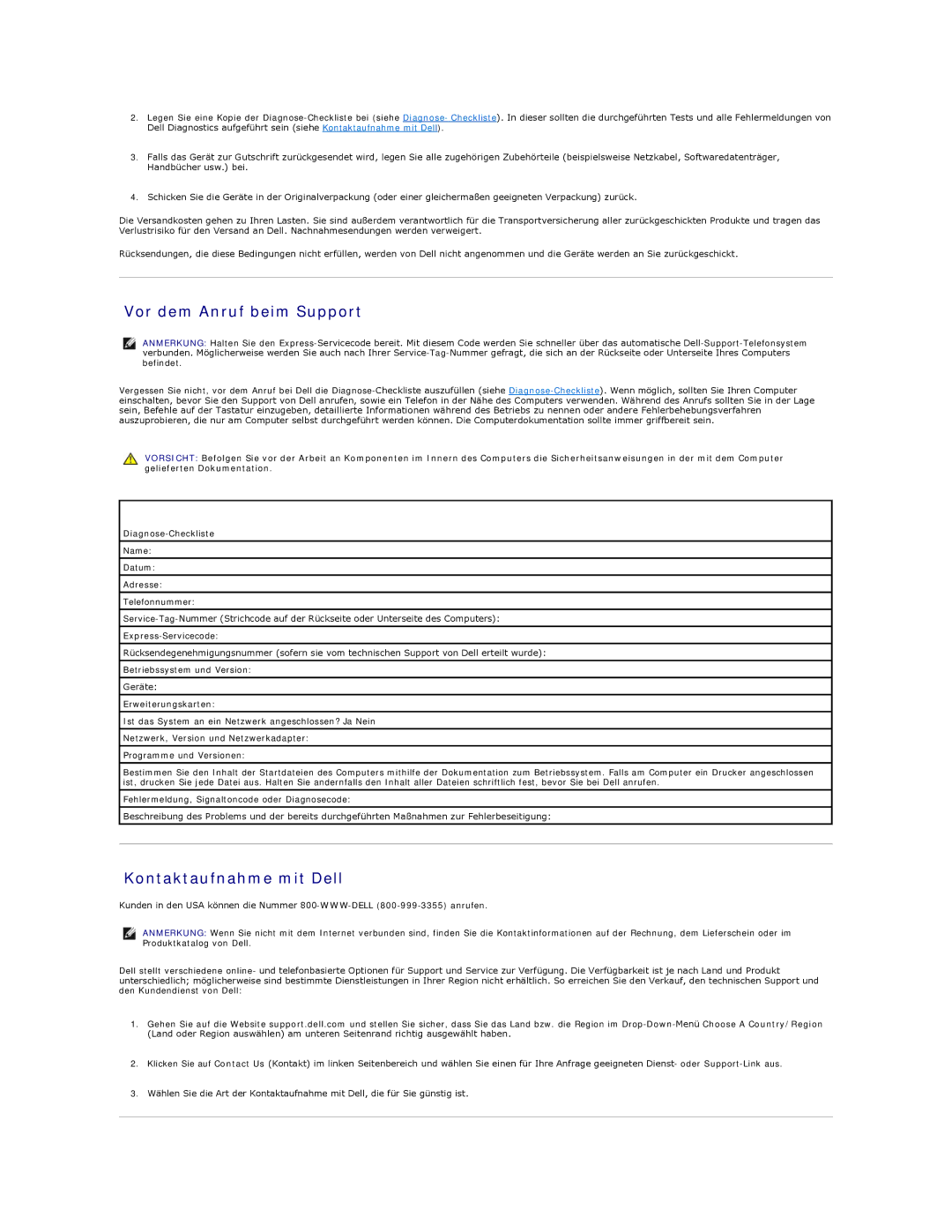 Dell 5400 manual Vor dem Anruf beim Support, Kontaktaufnahme mit Dell 