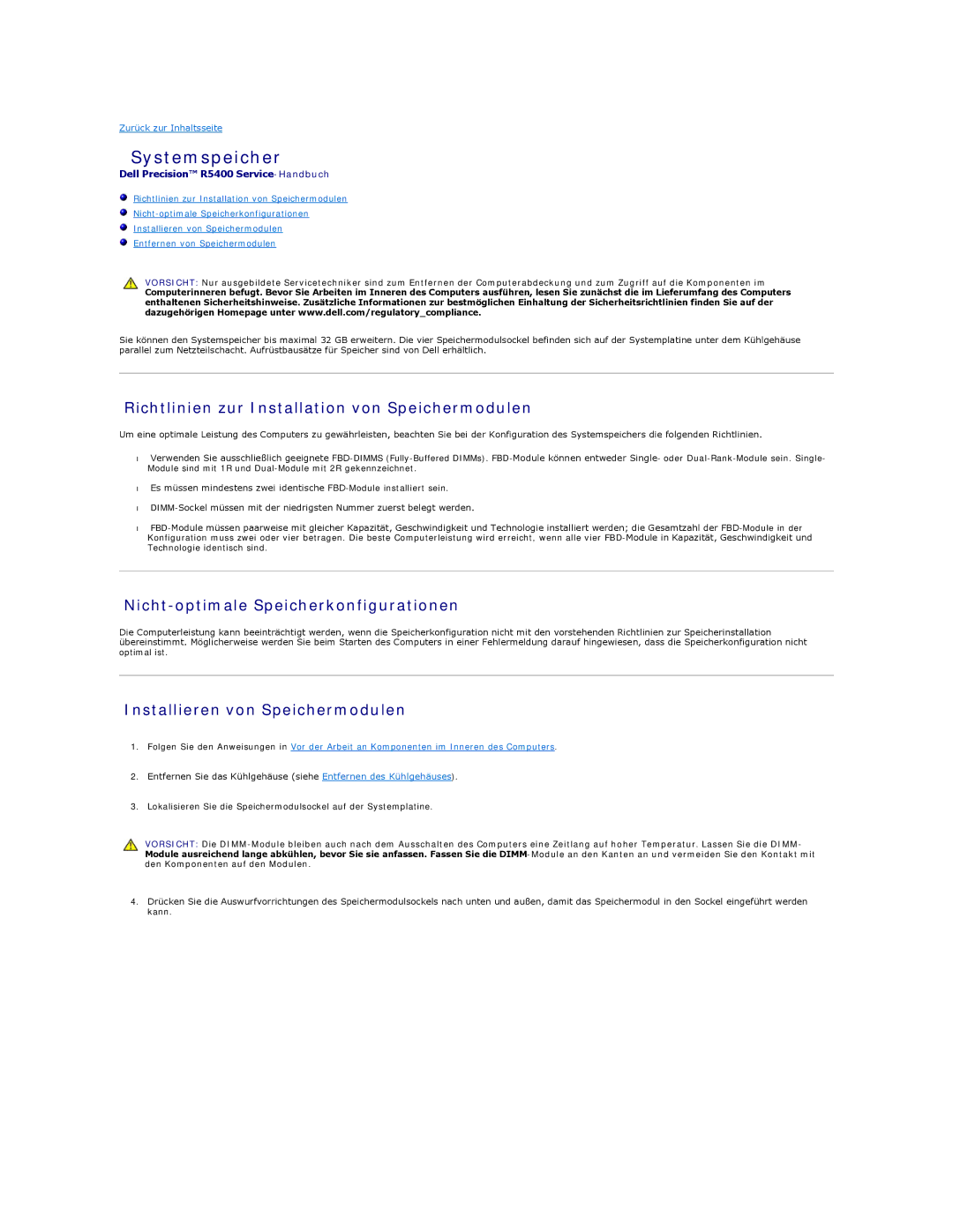 Dell 5400 manual Systemspeicher, Richtlinien zur Installation von Speichermodulen, Nicht-optimale Speicherkonfigurationen 