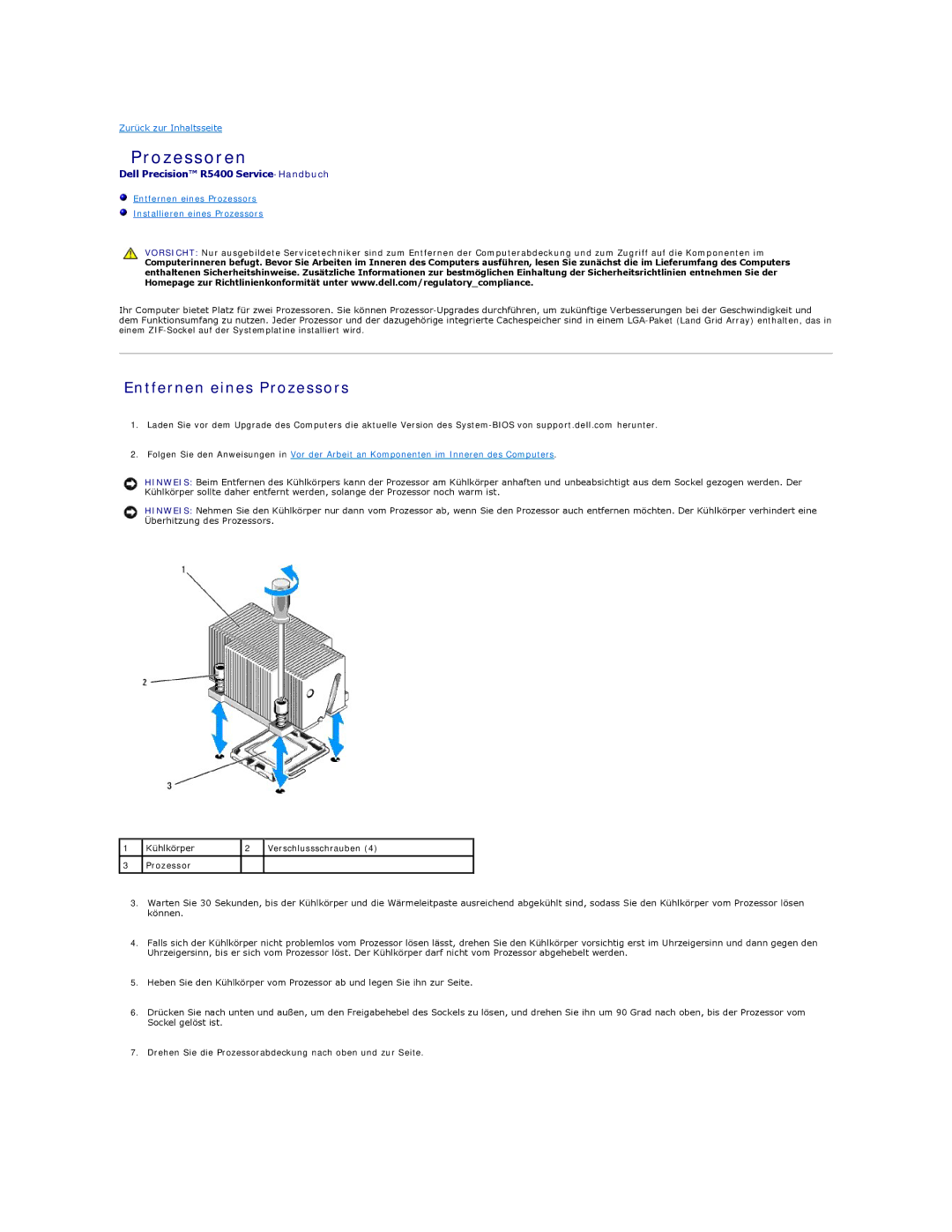 Dell 5400 manual Prozessoren, Entfernen eines Prozessors 