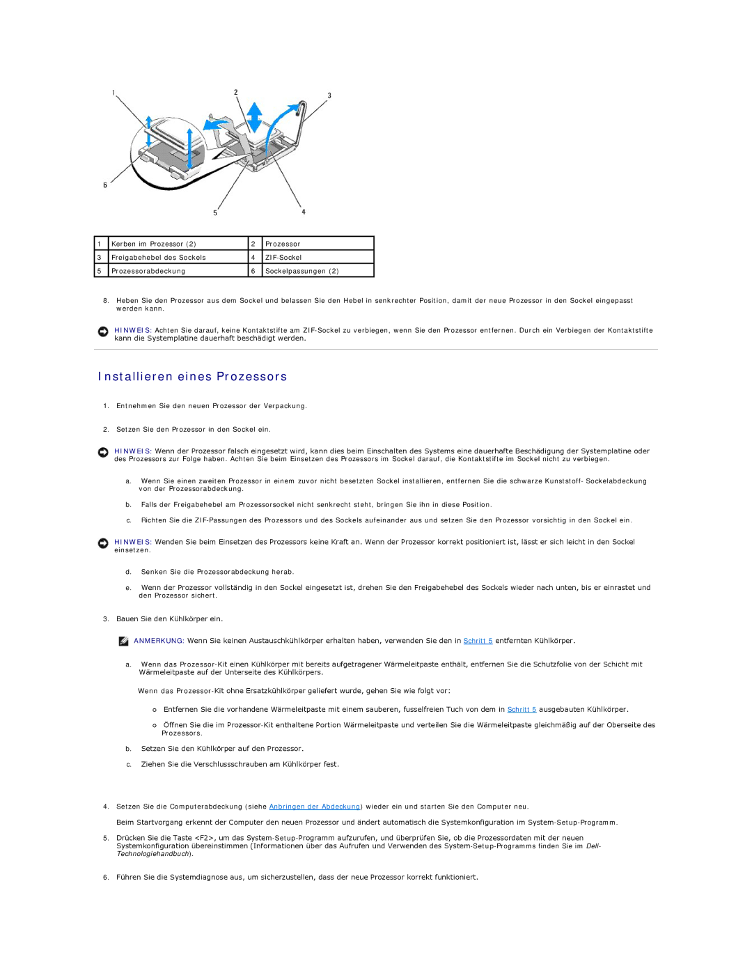 Dell 5400 manual Installieren eines Prozessors 