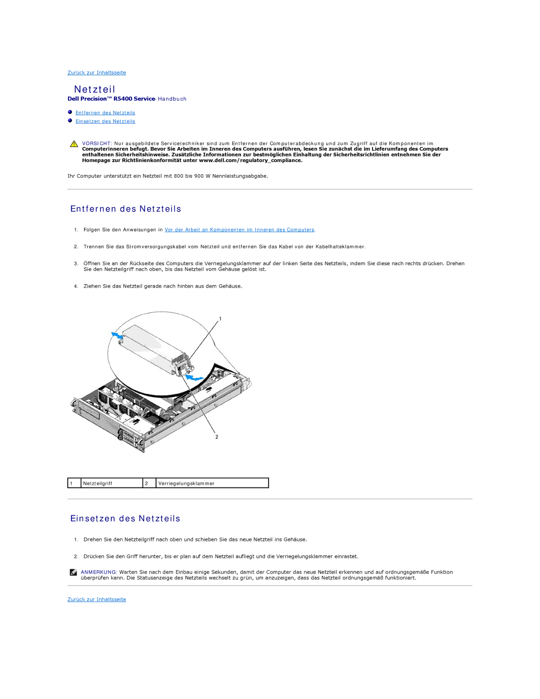 Dell 5400 manual Entfernen des Netzteils, Einsetzen des Netzteils 