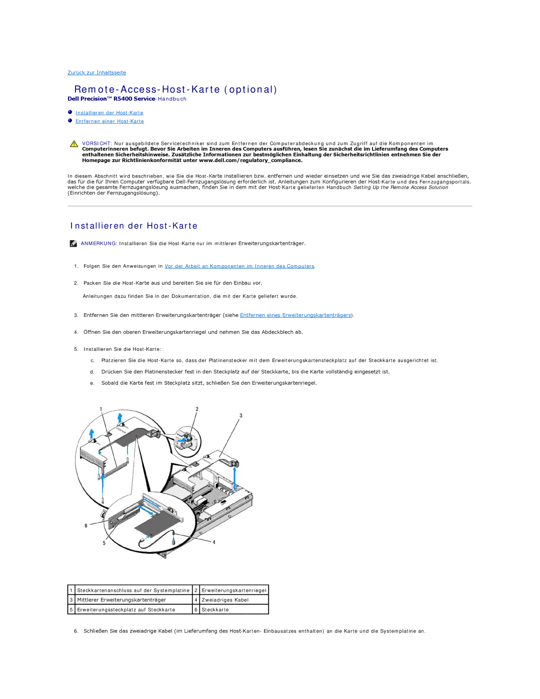 Dell 5400 manual Remote-Access-Host-Karte optional, Installieren der Host-Karte 