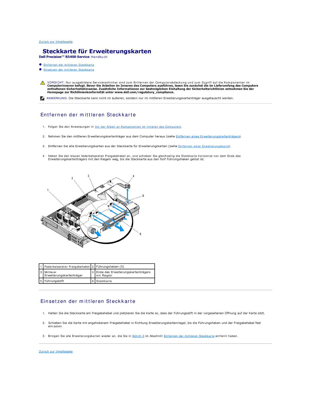 Dell 5400 manual Steckkarte für Erweiterungskarten, Entfernen der mittleren Steckkarte, Einsetzen der mittleren Steckkarte 