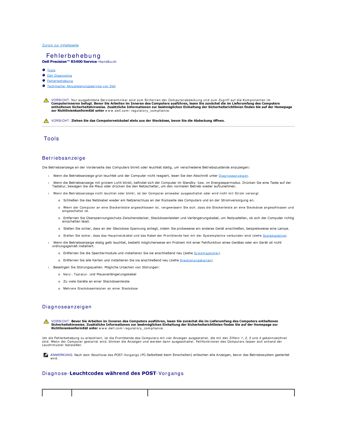 Dell 5400 manual Fehlerbehebung, Tools, Betriebsanzeige, Diagnoseanzeigen, Diagnose-Leuchtcodes während des POST-Vorgangs 