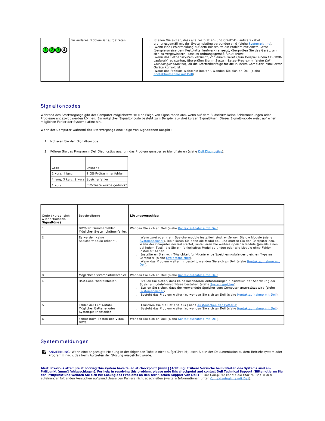 Dell 5400 manual Signaltoncodes, Systemmeldungen, Code Ursache 