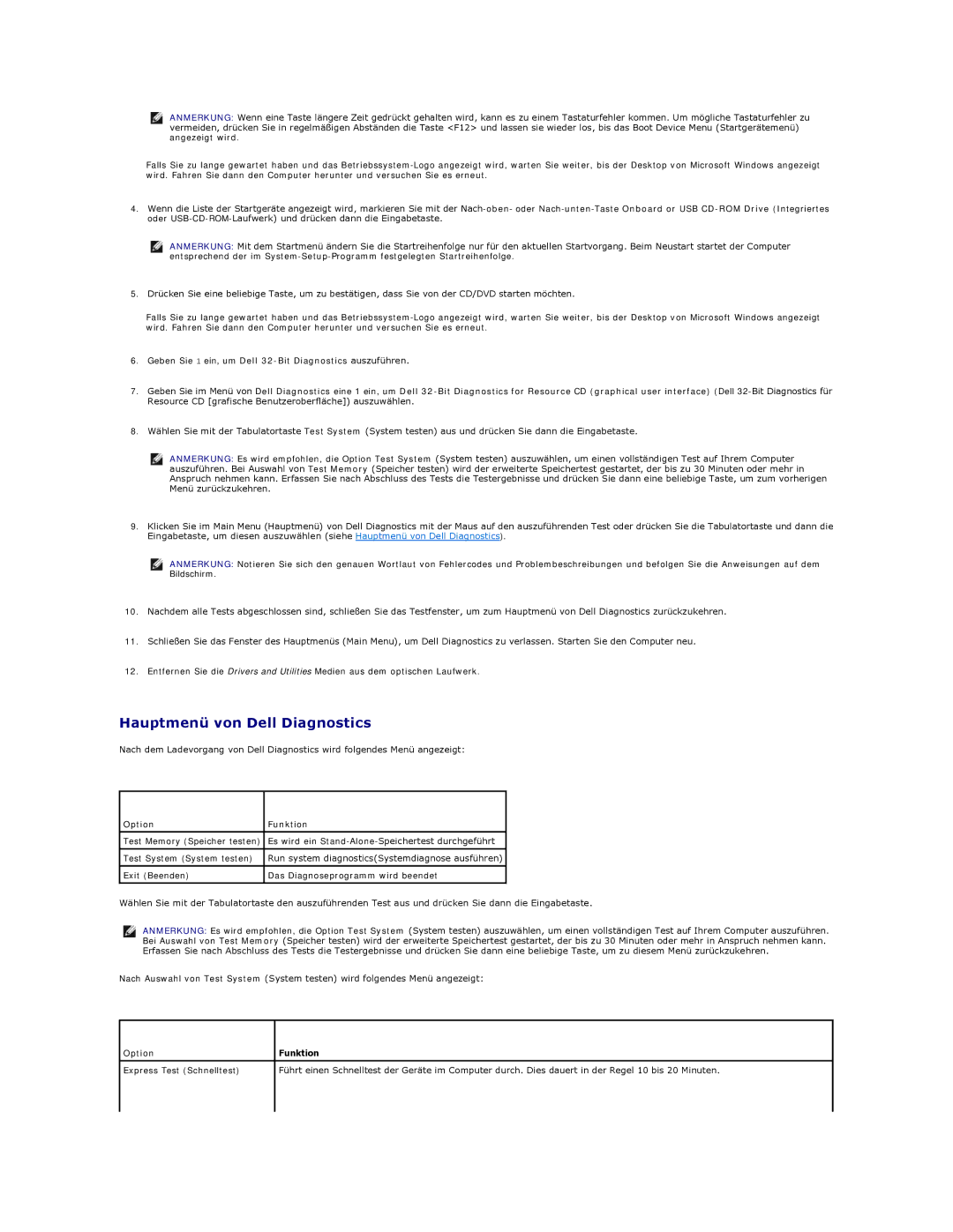 Dell 5400 manual Hauptmenü von Dell Diagnostics, Option Funktion 