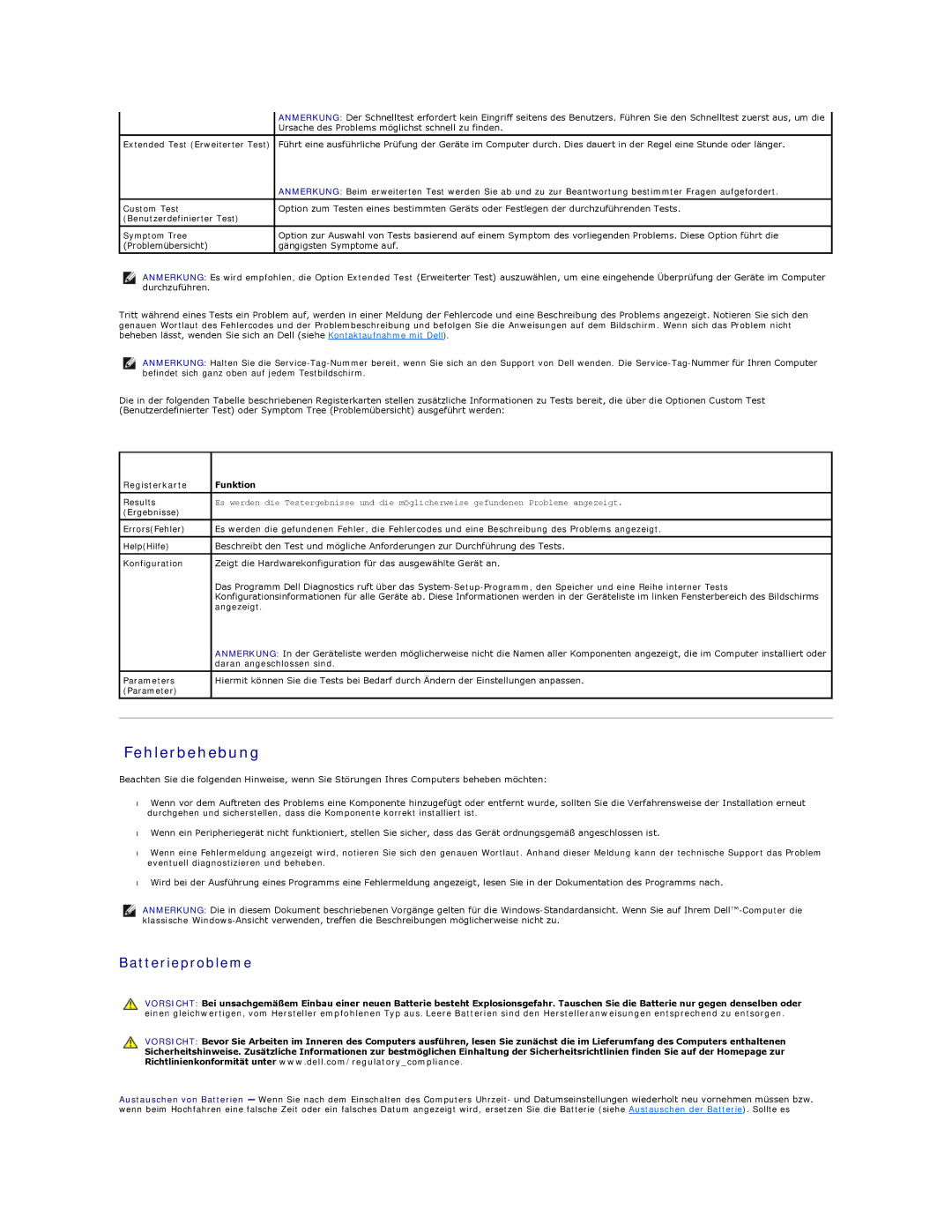 Dell 5400 manual Fehlerbehebung, Batterieprobleme, Registerkarte Funktion 