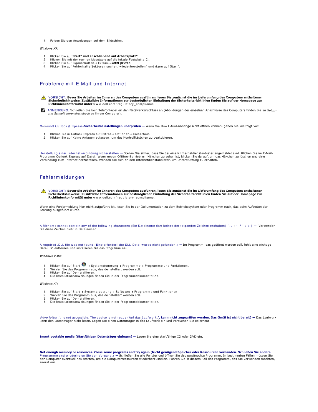Dell 5400 manual Probleme mit E-Mail und Internet, Fehlermeldungen 