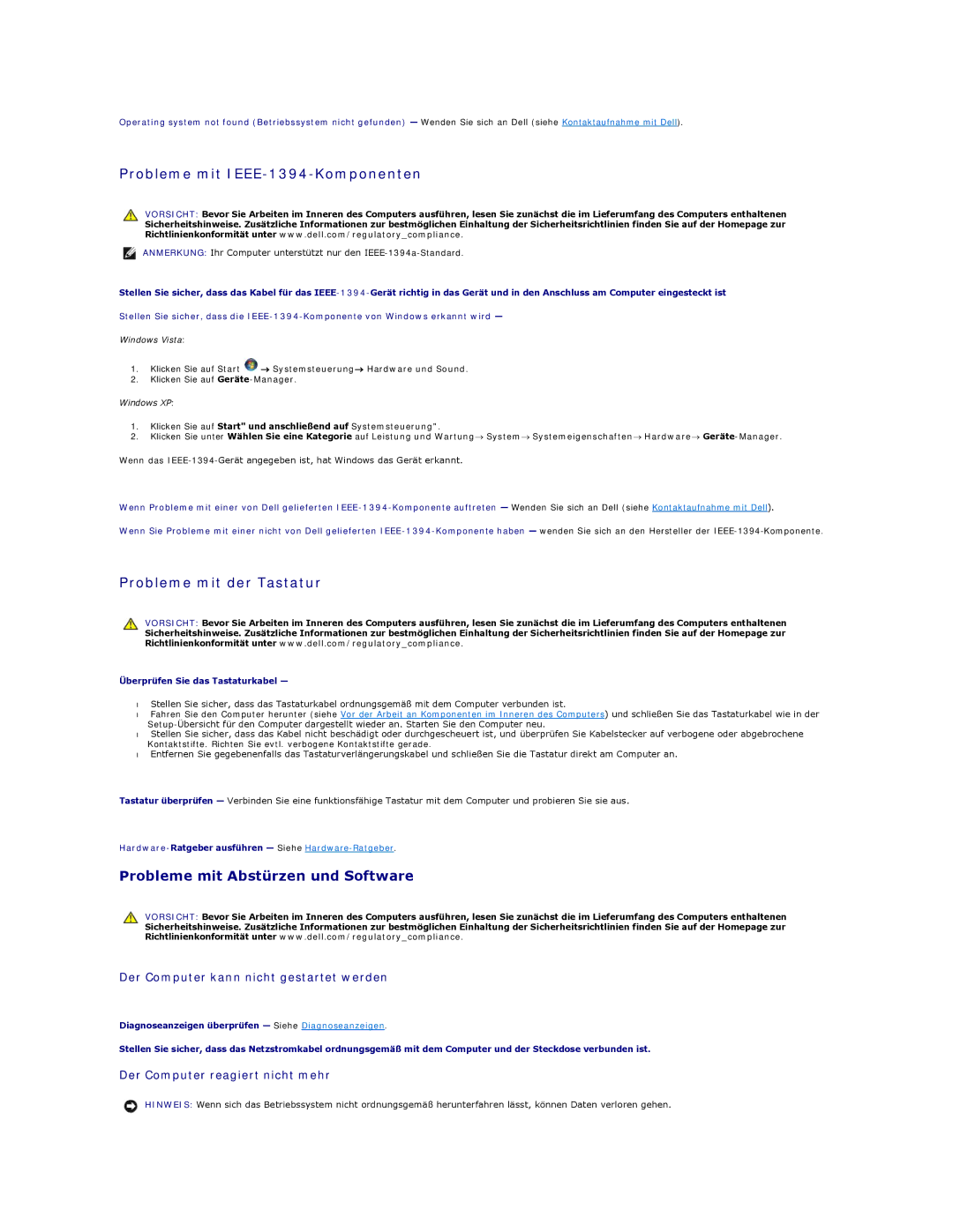 Dell 5400 manual Probleme mit IEEE-1394-Komponenten, Probleme mit der Tastatur, Probleme mit Abstürzen und Software 