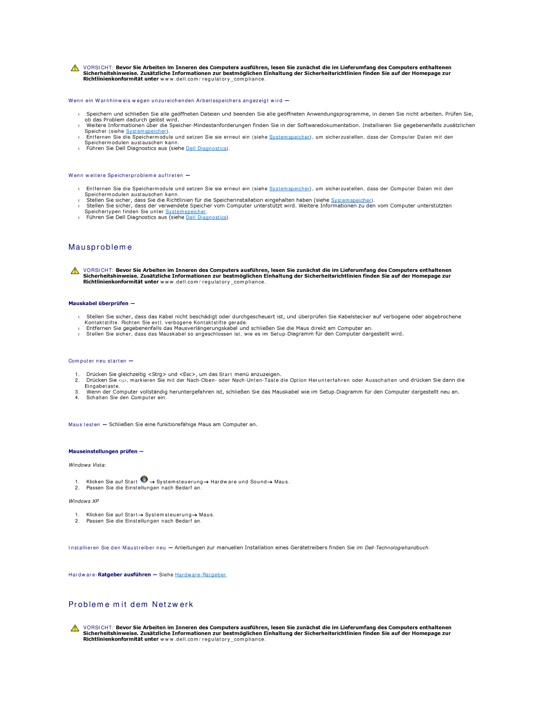 Dell 5400 manual Mausprobleme, Probleme mit dem Netzwerk, Klicken Sie auf Start→ Systemsteuerung→ Maus 