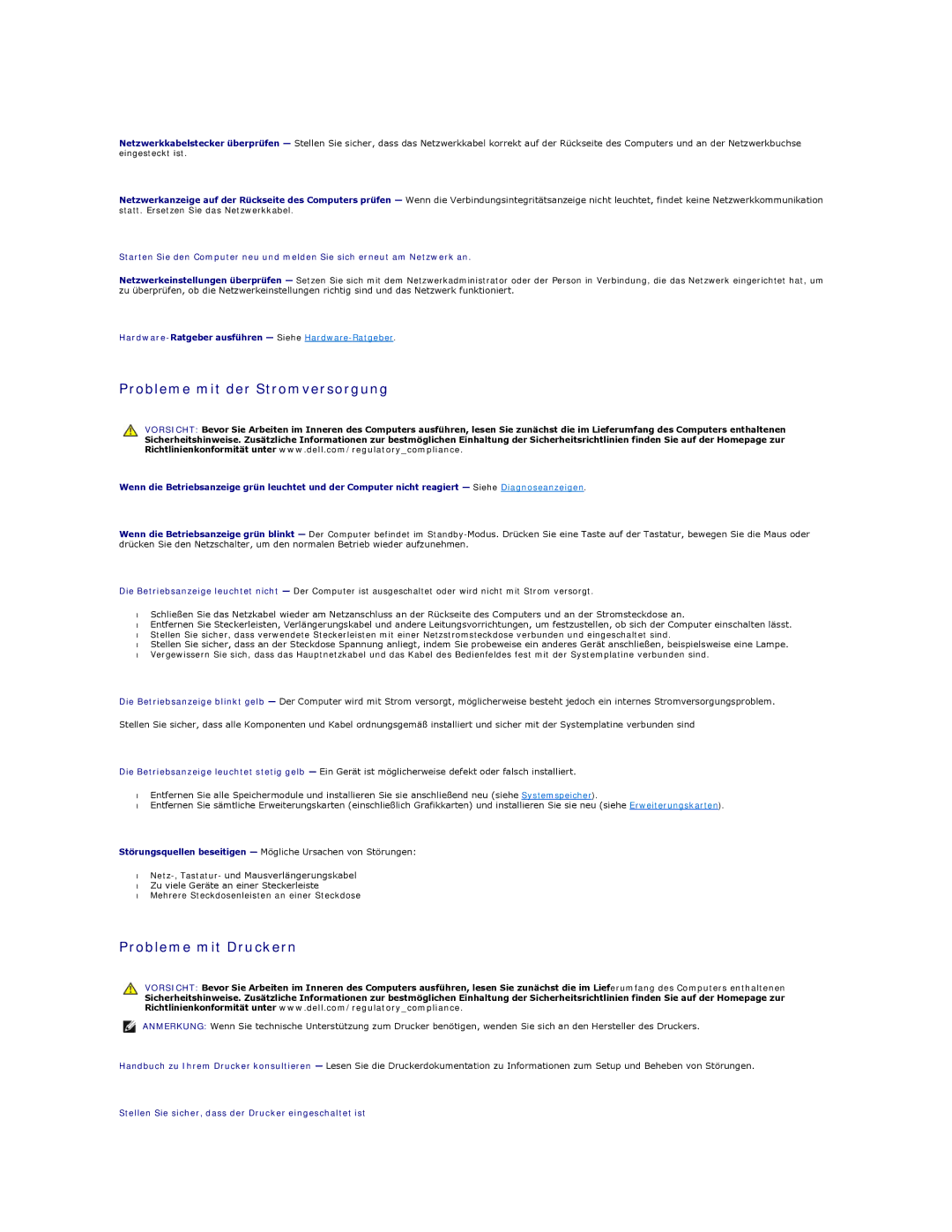 Dell 5400 manual Probleme mit der Stromversorgung, Probleme mit Druckern 