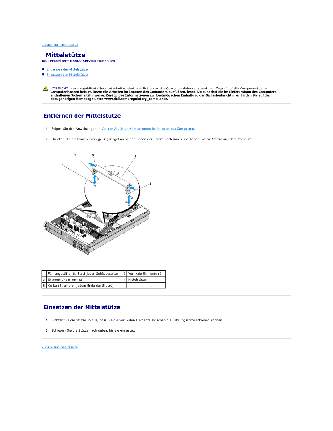 Dell 5400 manual Entfernen der Mittelstütze, Einsetzen der Mittelstütze 