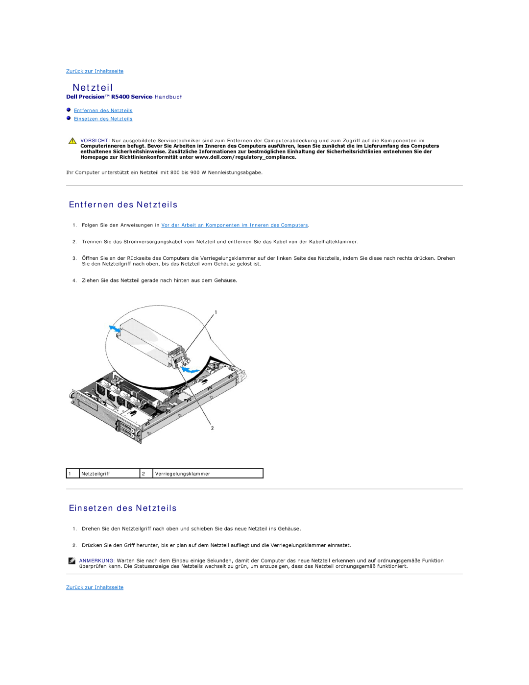 Dell manual Entfernen des Netzteils Einsetzen des Netzteils, Dell Precision R5400 Service-Handbuch 