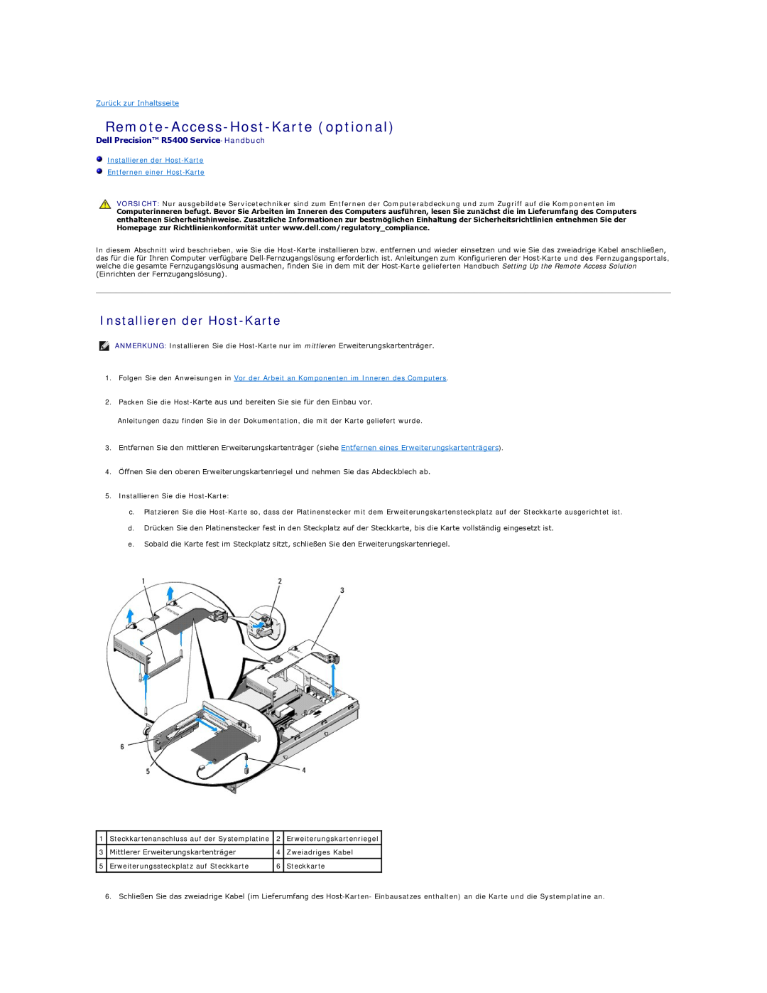 Dell manual Remote-Access-Host-Karte optional, Installieren der Host-Karte, Dell Precision R5400 Service-Handbuch 