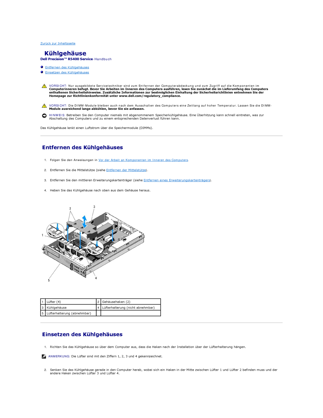 Dell manual Entfernen des Kühlgehäuses, Einsetzen des Kühlgehäuses, Dell Precision R5400 Service-Handbuch 