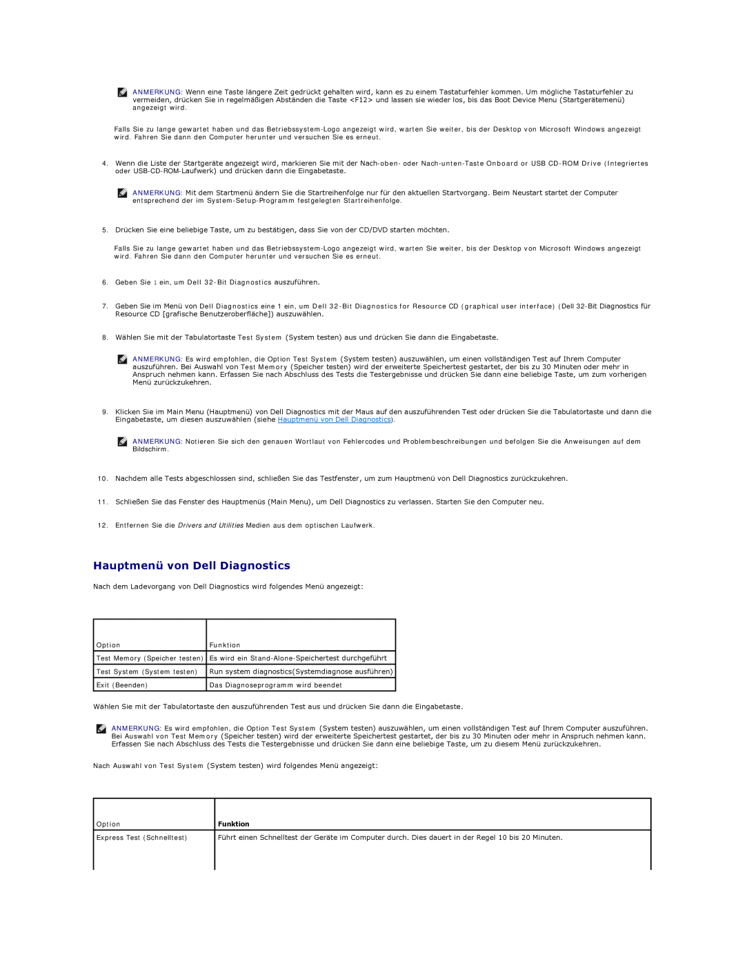 Dell 5400 manual Hauptmenü von Dell Diagnostics, Option, Funktion, Express Test Schnelltest 