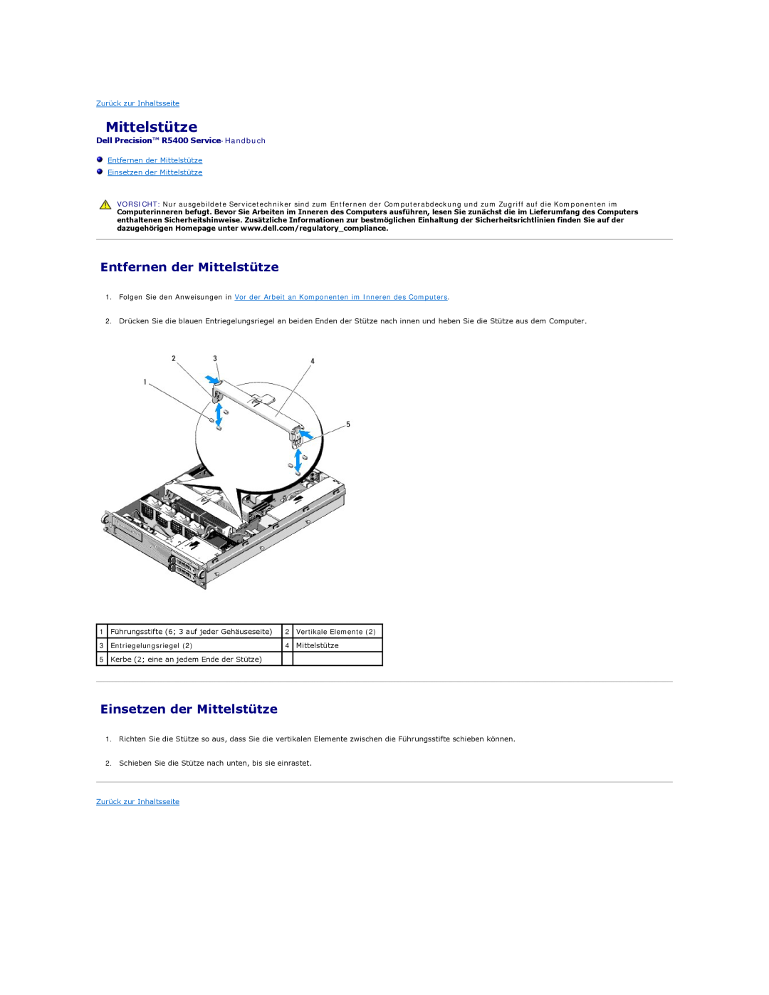 Dell manual Entfernen der Mittelstütze, Einsetzen der Mittelstütze, Dell Precision R5400 Service-Handbuch 