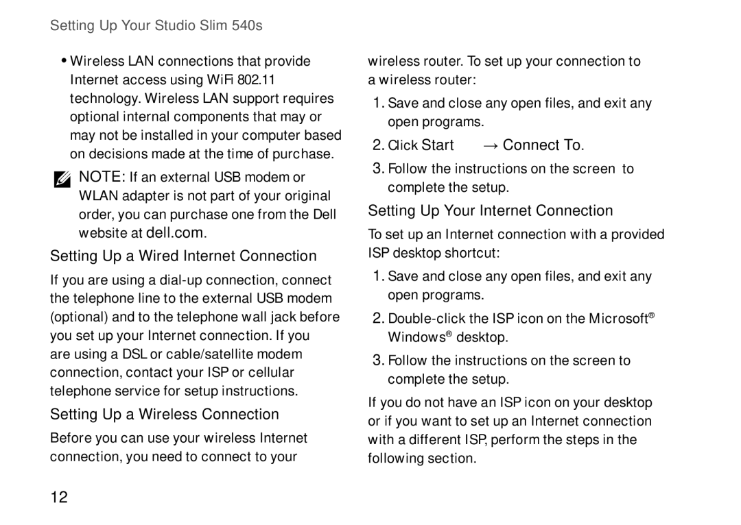 Dell 540S setup guide Setting Up a Wired Internet Connection, Setting Up a Wireless Connection, Click Start → Connect To 