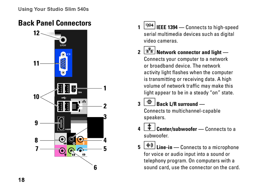 Dell 540S setup guide Back Panel Connectors, Back L/R surround 