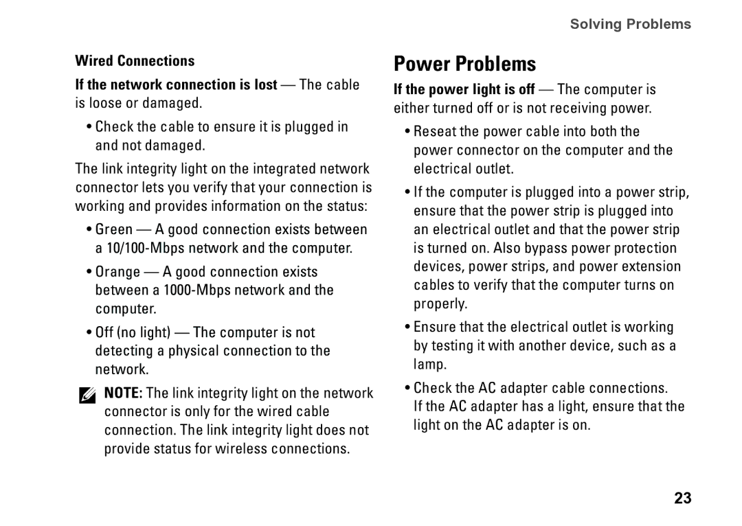 Dell 540S setup guide Power Problems, Check the cable to ensure it is plugged in and not damaged 