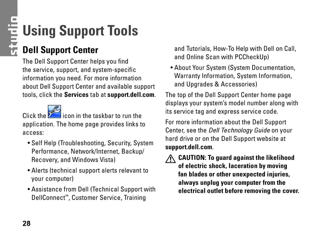 Dell 540S setup guide Using Support Tools, Dell Support Center 