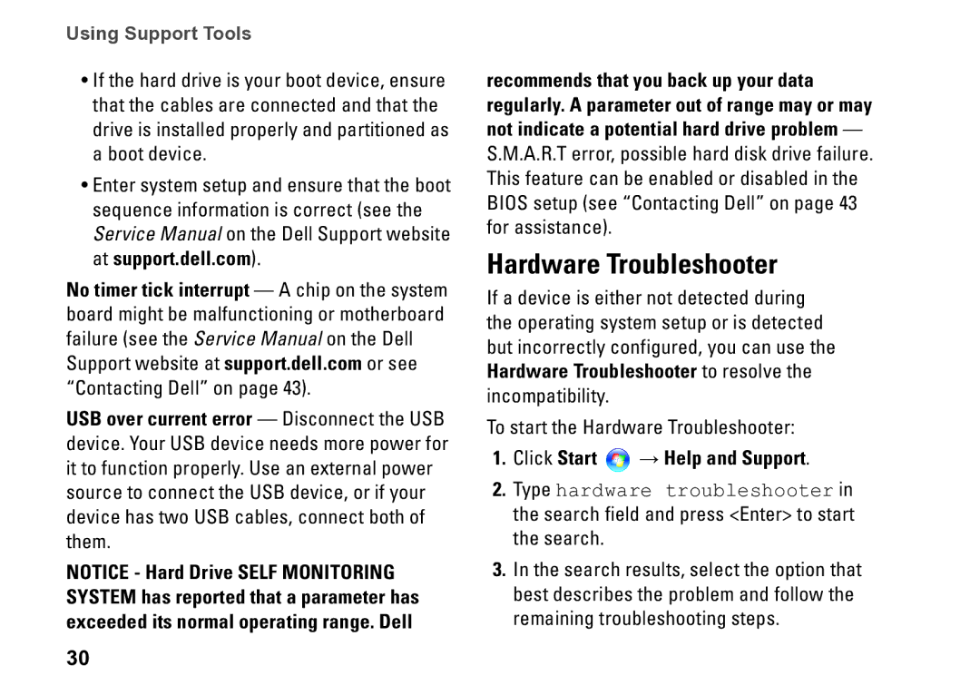 Dell 540S setup guide Hardware Troubleshooter, Click Start → Help and Support 