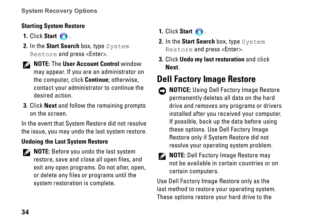 Dell 540S setup guide Dell Factory Image Restore, Starting System Restore, Undoing the Last System Restore 