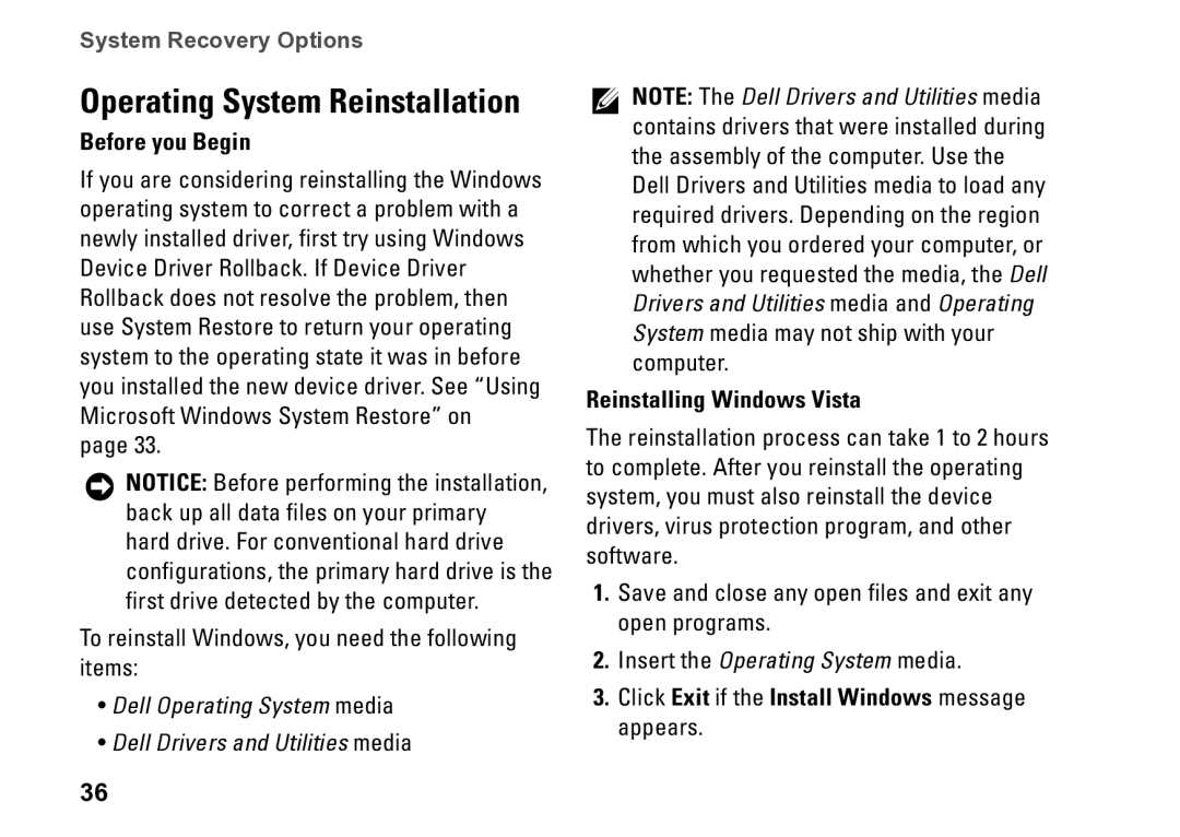 Dell 540S setup guide Before you Begin, Reinstalling Windows Vista, Click Exit if the Install Windows message appears 