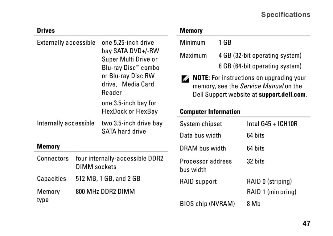 Dell 540S setup guide Drives, Memory, Computer Information 