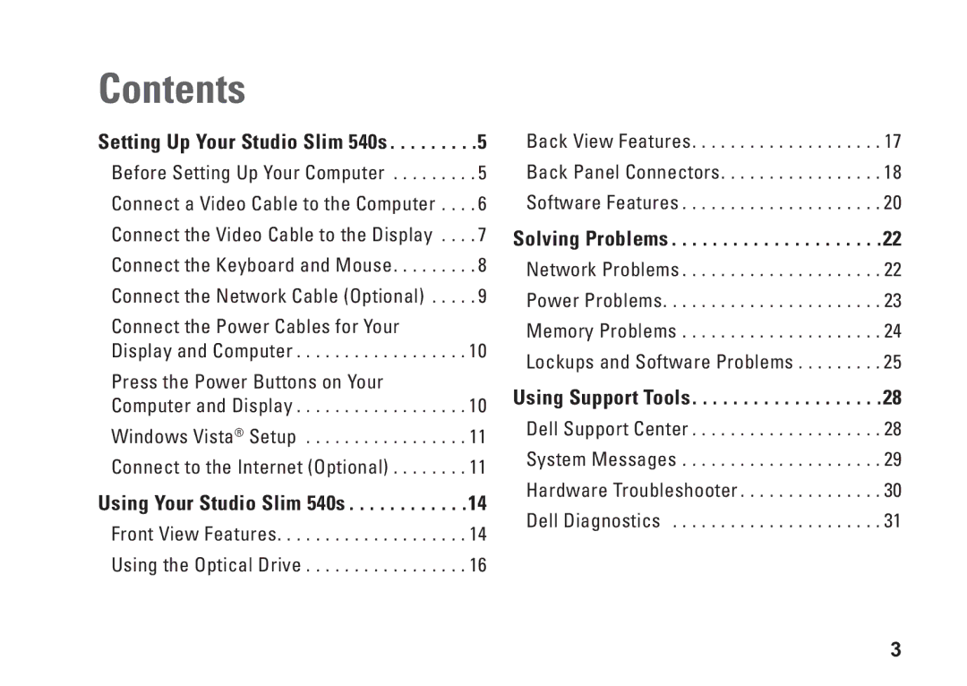 Dell 540S setup guide Contents 