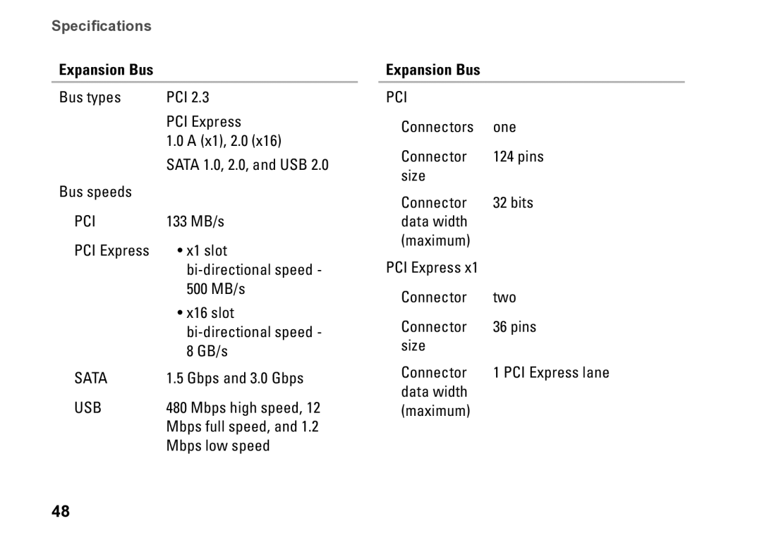 Dell 540S setup guide Specifications, Expansion Bus 