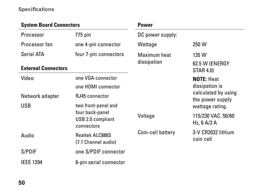 Dell 540S setup guide External Connectors, Power 