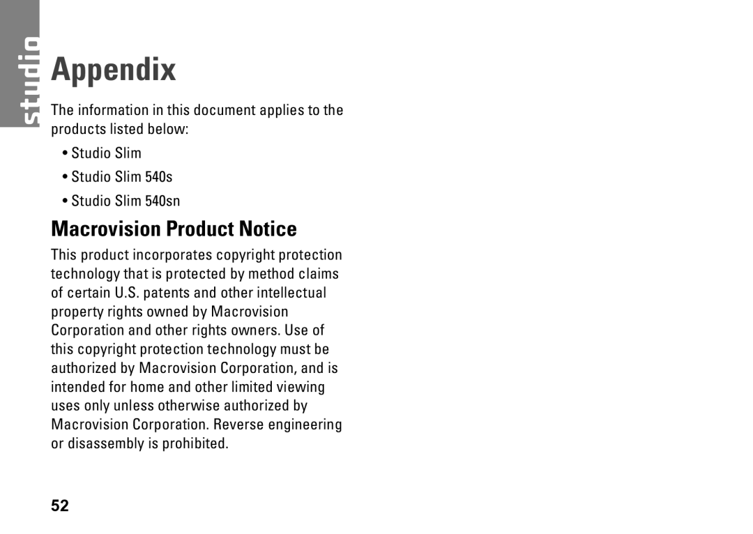 Dell 540S setup guide Appendix, Macrovision Product Notice 