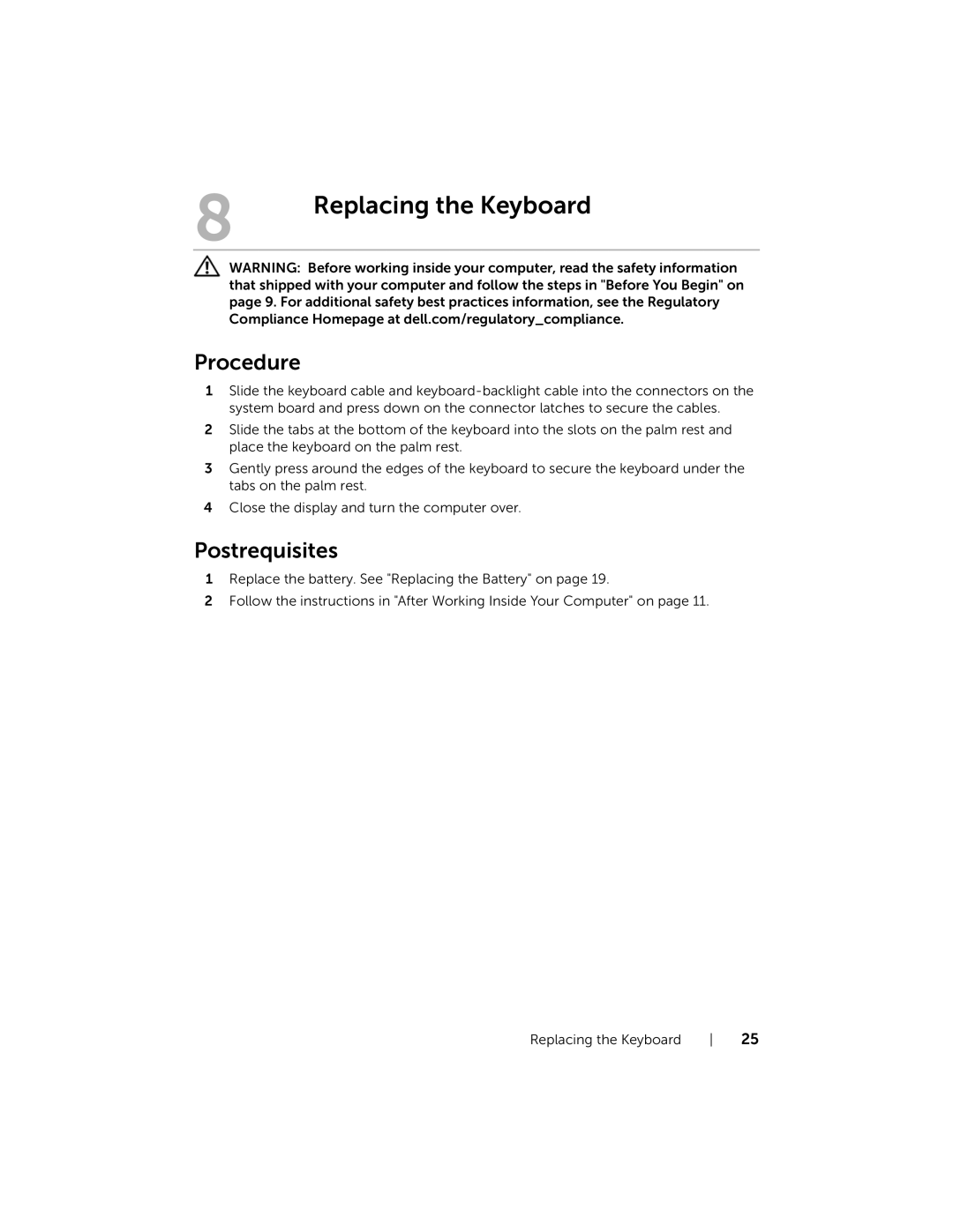 Dell 7420, 5420 owner manual Replacing the Keyboard, Postrequisites 