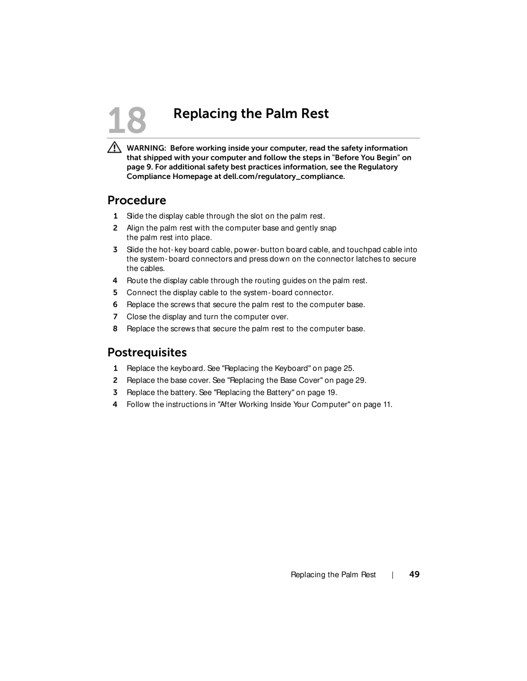 Dell 7420, 5420 owner manual Replacing the Palm Rest 