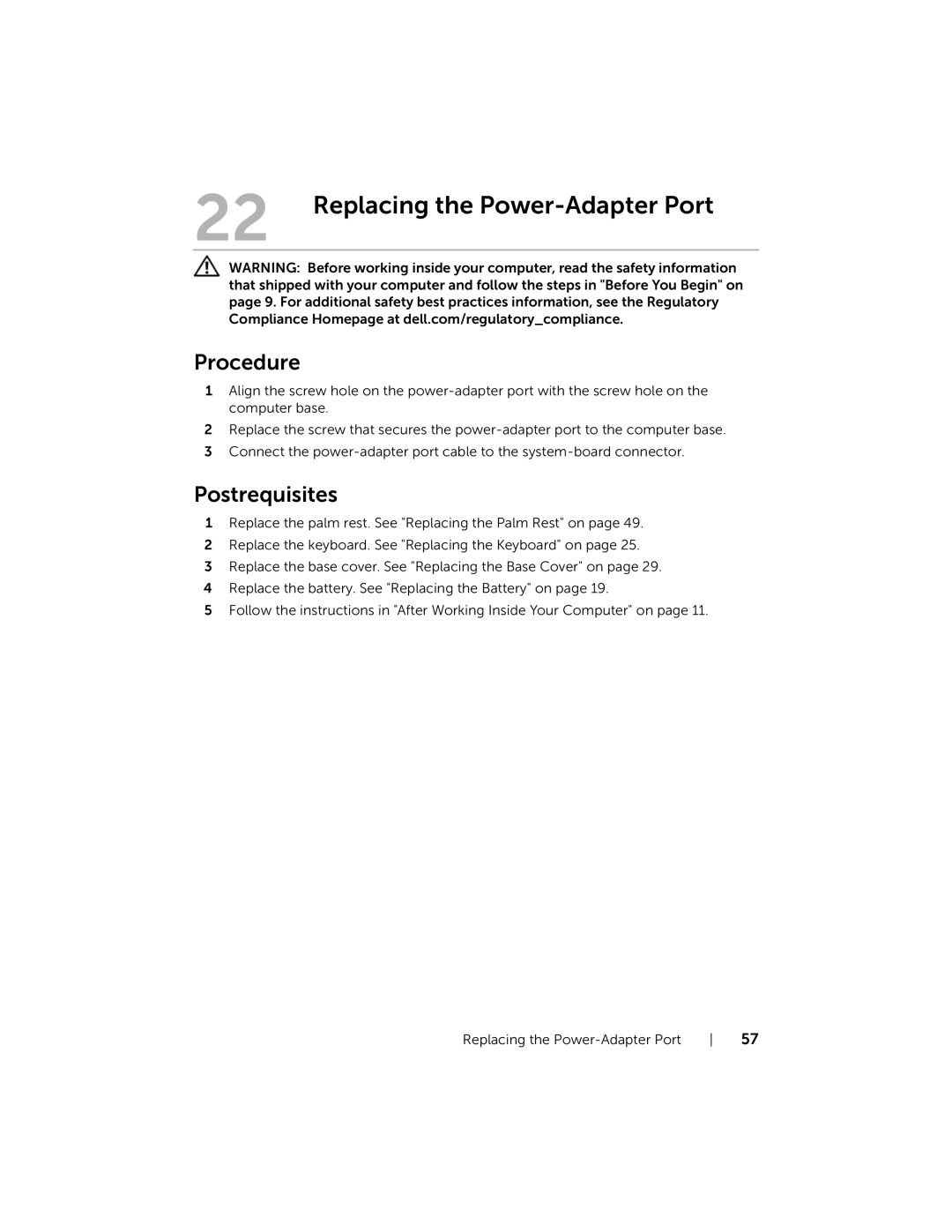 Dell 7420, 5420 owner manual Replacing the Power-Adapter Port 