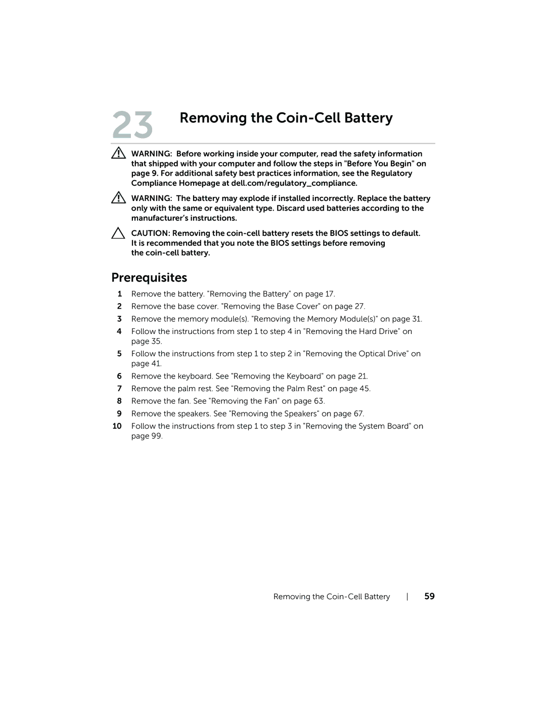 Dell 7420, 5420 owner manual Removing the Coin-Cell Battery 