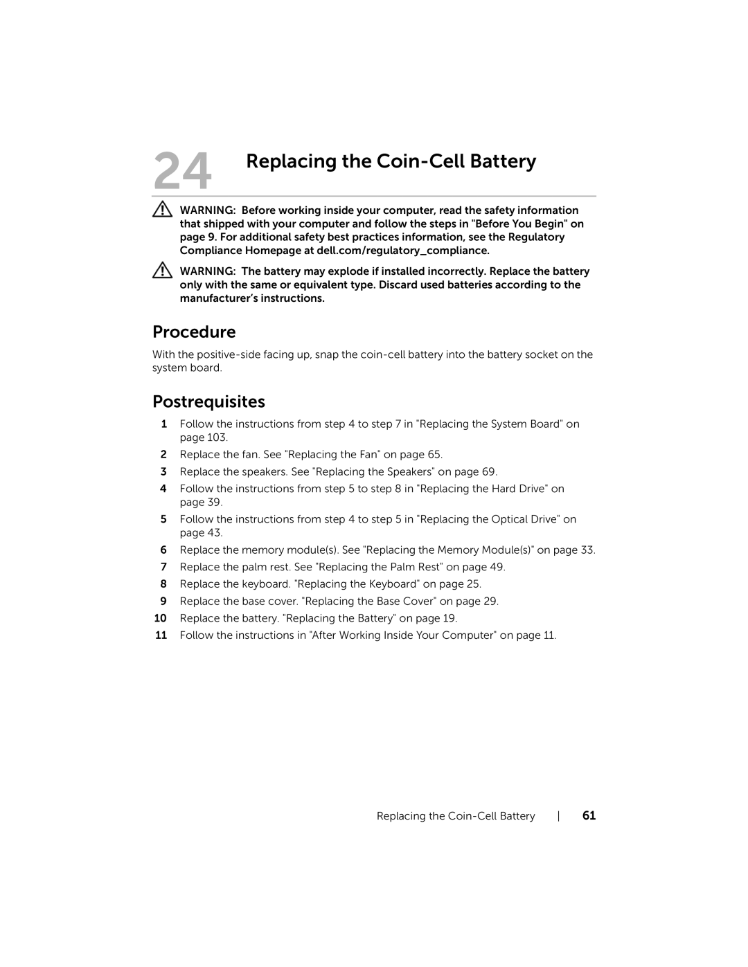 Dell 7420, 5420 owner manual Replacing the Coin-Cell Battery 