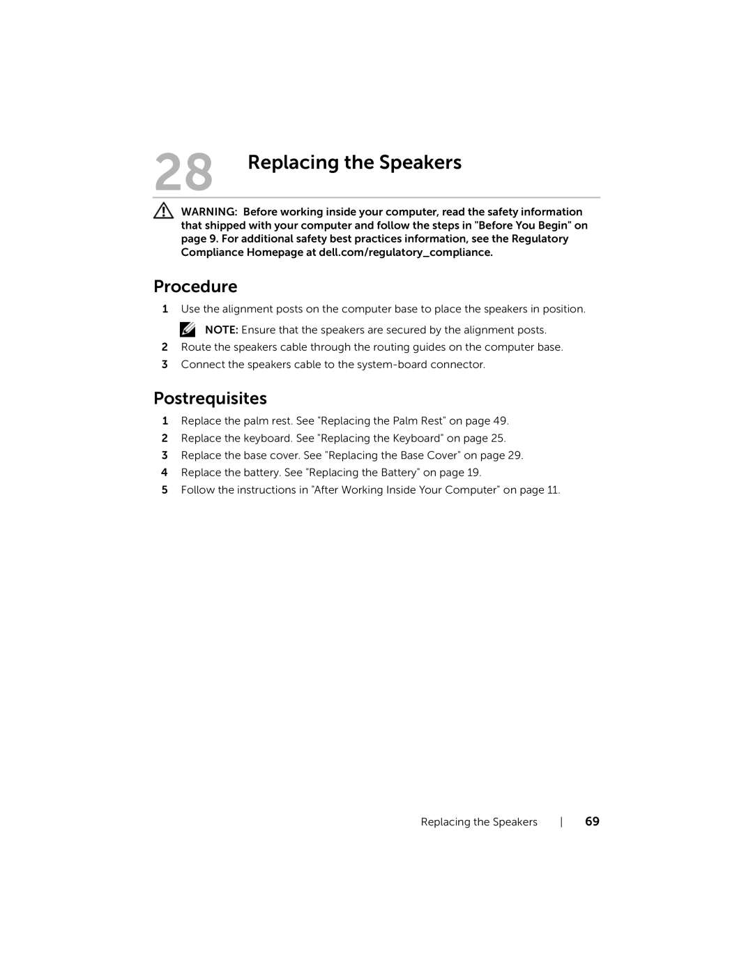 Dell 7420, 5420 owner manual Replacing the Speakers 