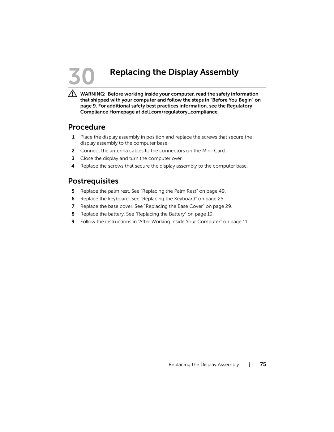 Dell 7420, 5420 owner manual Replacing the Display Assembly 