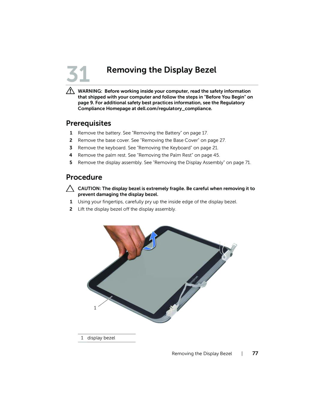 Dell 7420, 5420 owner manual Removing the Display Bezel 