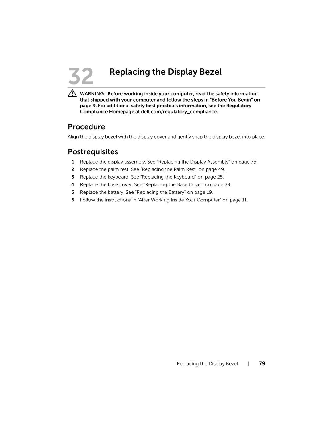 Dell 7420, 5420 owner manual Replacing the Display Bezel 