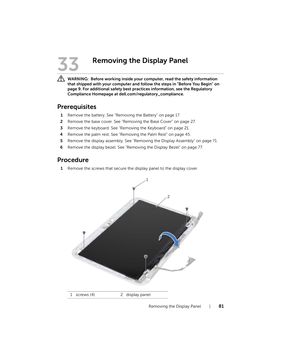 Dell 7420, 5420 owner manual Removing the Display Panel 