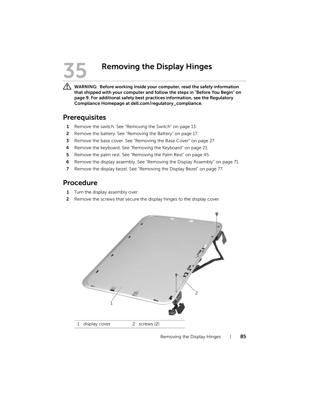 Dell 7420, 5420 owner manual Removing the Display Hinges 