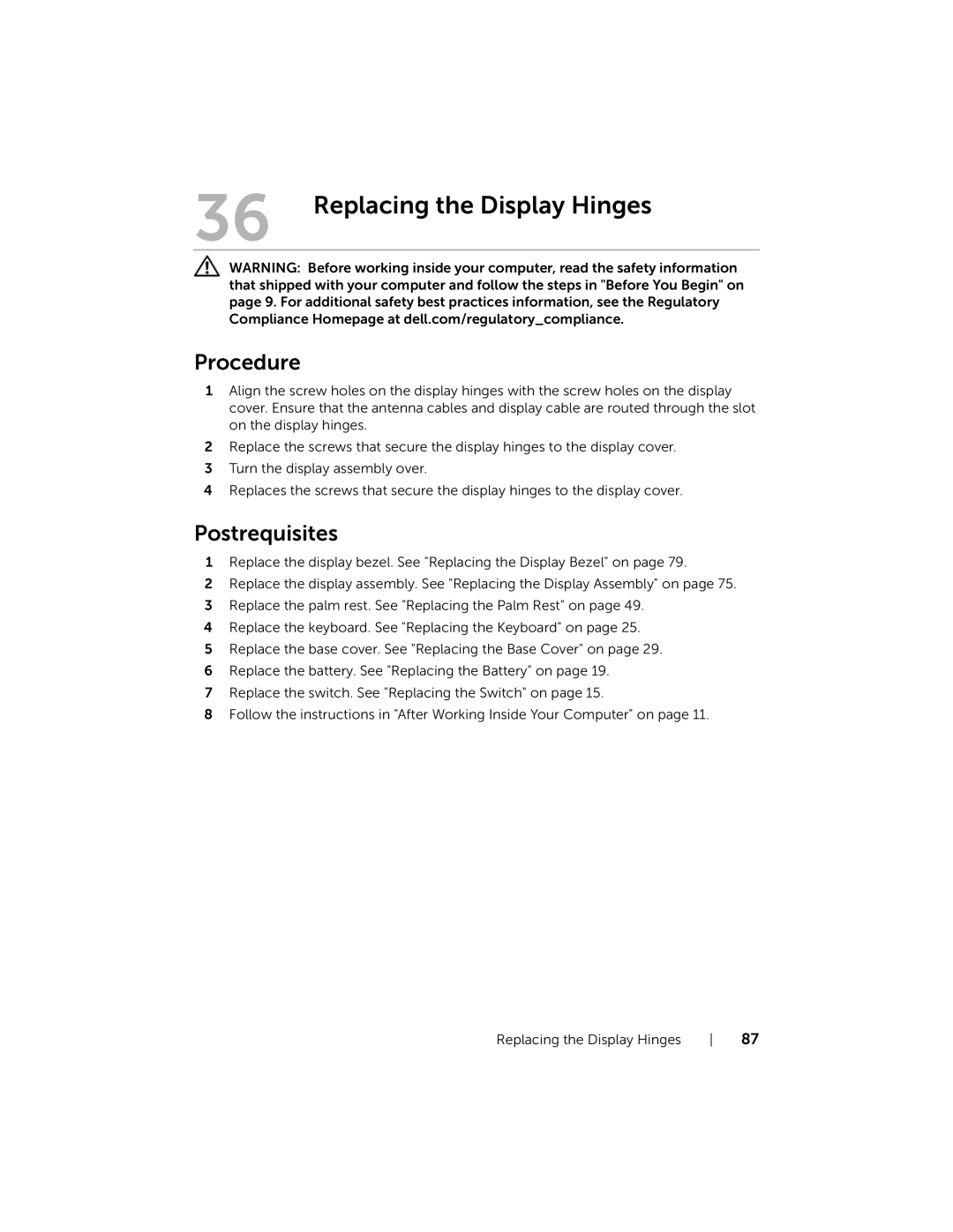 Dell 7420, 5420 owner manual Replacing the Display Hinges 