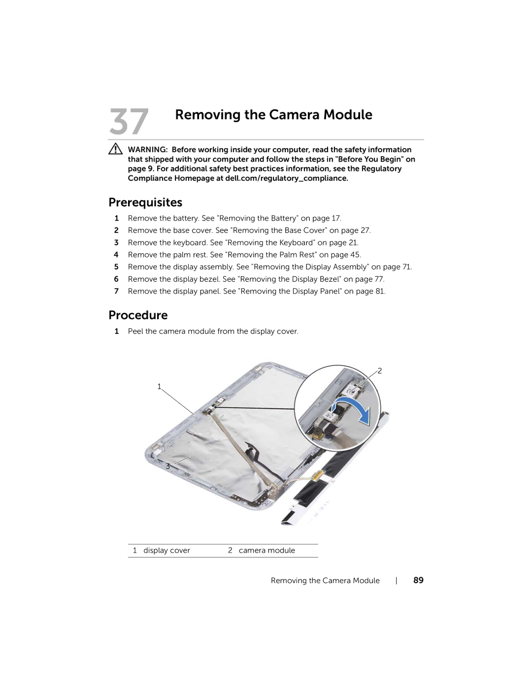 Dell 7420, 5420 owner manual Removing the Camera Module 