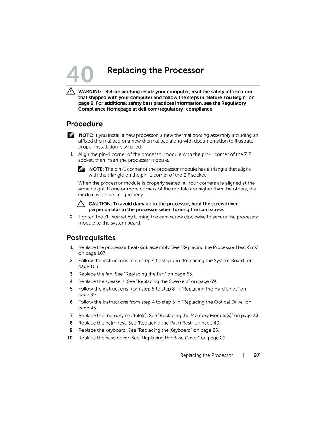 Dell 7420, 5420 owner manual Replacing the Processor 