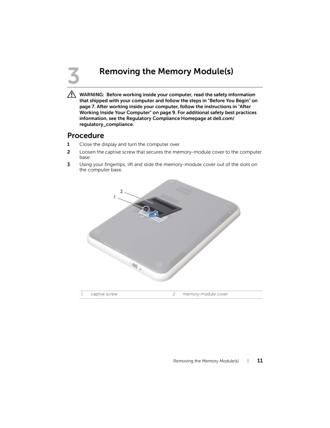 Dell 5423 owner manual Removing the Memory Modules, Procedure 