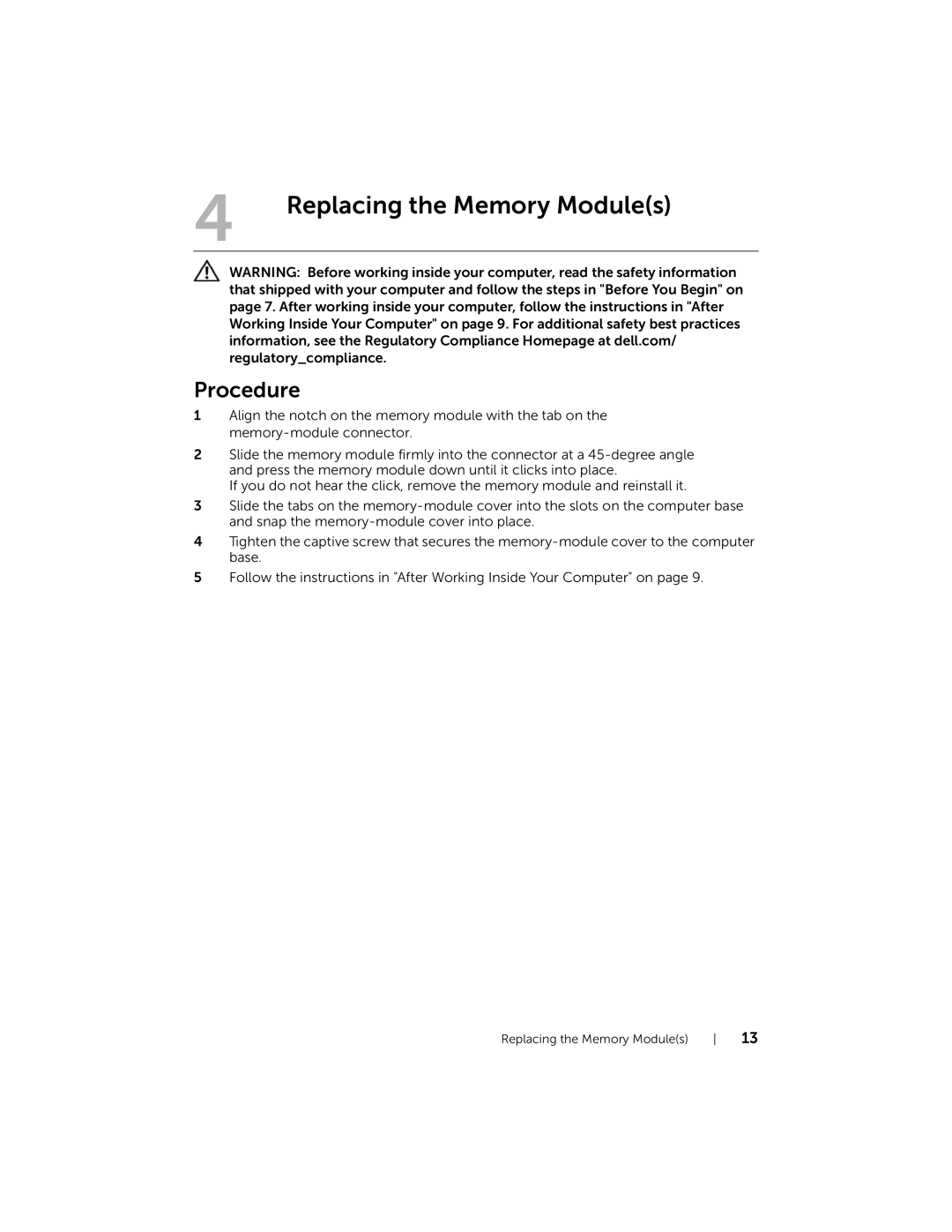 Dell 5423 owner manual Replacing the Memory Modules 