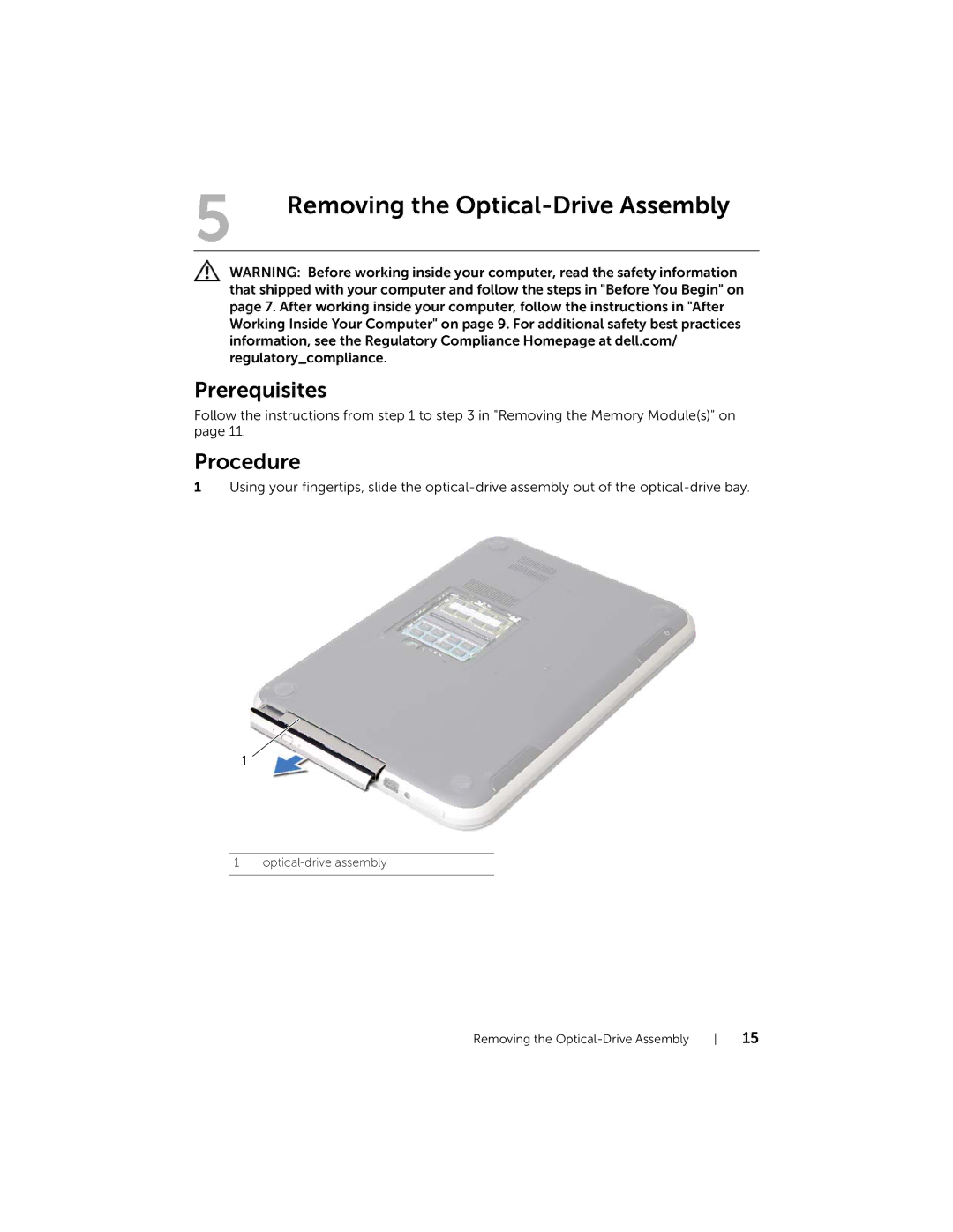 Dell 5423 owner manual Removing the Optical-Drive Assembly 